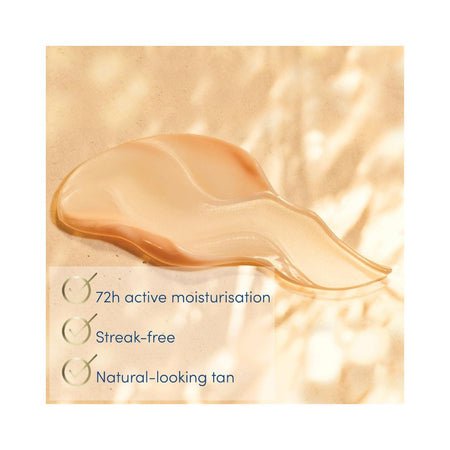 A glossy smear of light tan moisturizer or serum on a warm beige textured background, with text listing benefits: 72h active moisturisation, Streak-free, and Natural-looking tan.