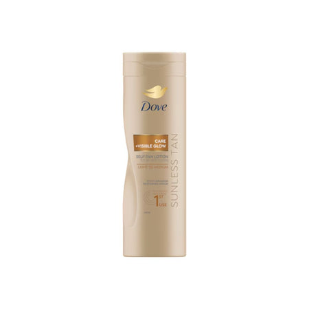 A bottle of Dove Sunless Tan Care + Visible Glow Self-Tan Lotion, featuring a beige bottle with gold and blue branding on a plain white background.