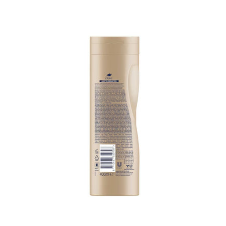 A 400ml beige plastic bottle of hair care product, shown from the back with a barcode and fine text visible, on a plain white background.