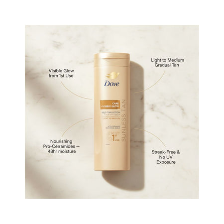 A bottle of Dove Care Invisible Sunless Tan cream is centered on a light marble background with callout text describing product benefits.