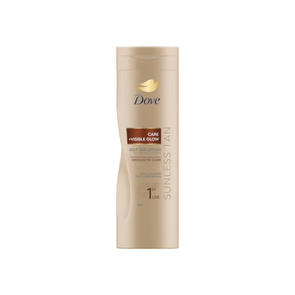 A bottle of Dove Care + Visible Glow Self Tan Lotion in Medium to Dark shade, featuring a beige bottle with a gold bird logo and brown label accents, set against a plain white background.