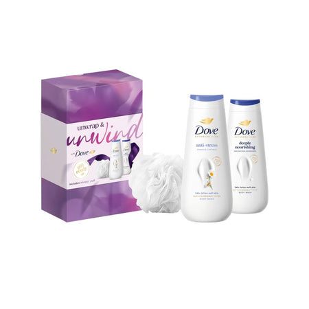 Dove Unwrap & Unwind Gift Set and contents on a white background