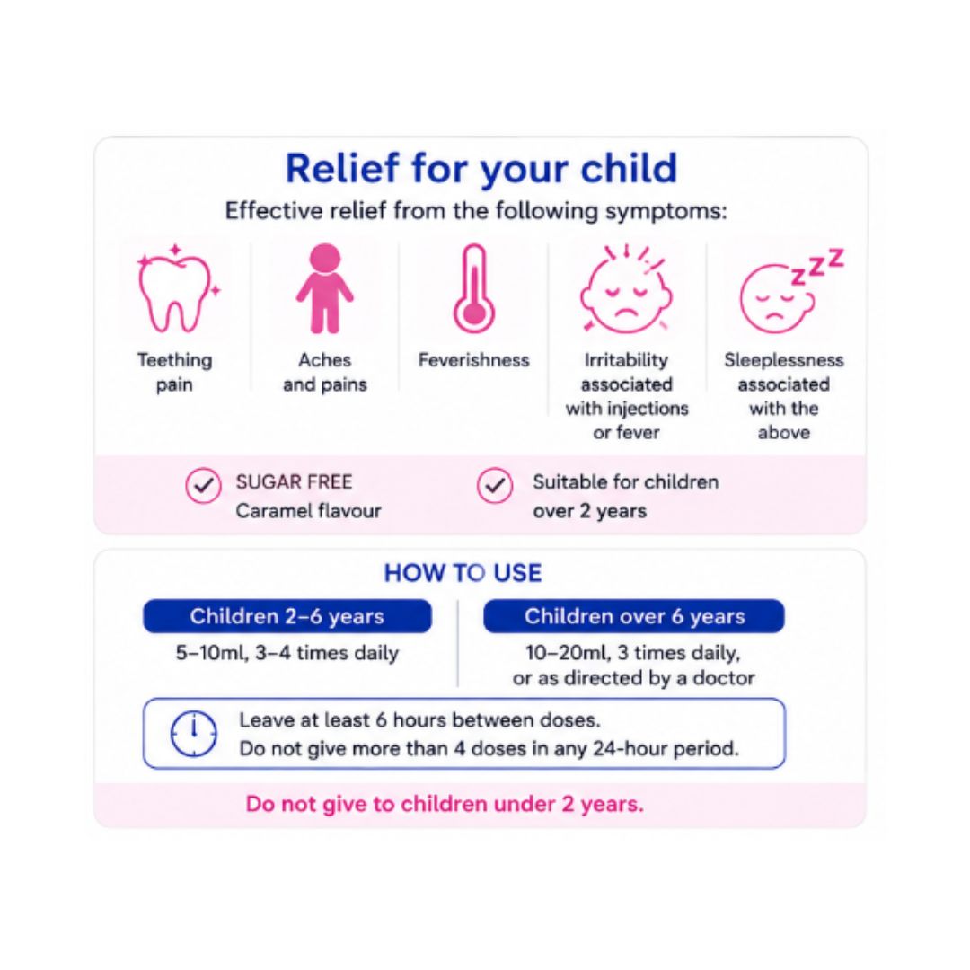 Dozol Oral Solution 100ml 'Relief for your child' product information graphic