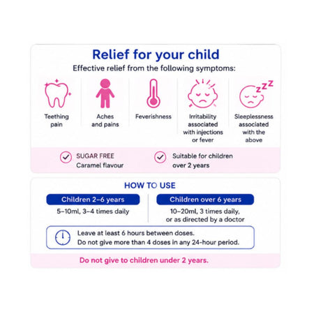 Dozol Oral Solution 100ml 'Relief for your child' product information graphic
