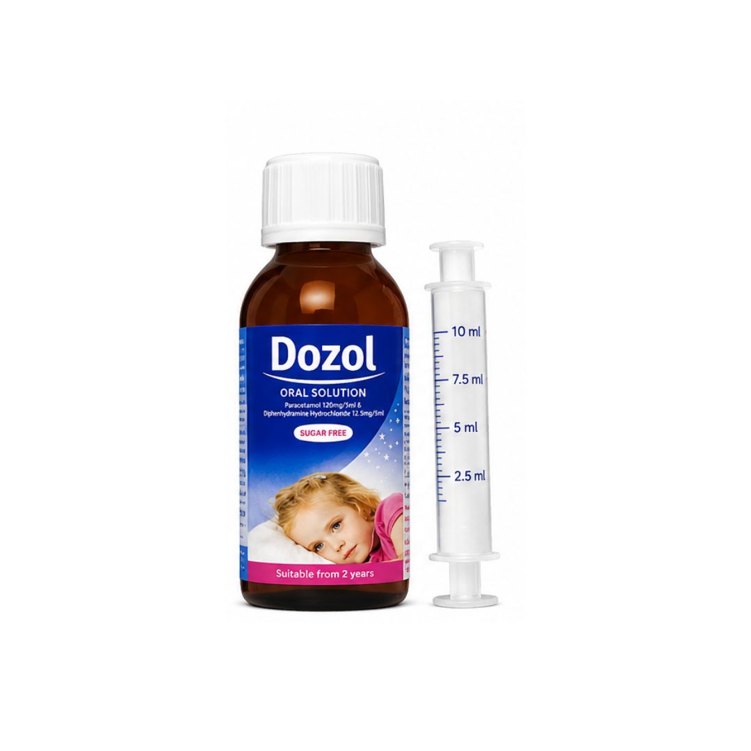 Dozol Oral Solution 100ml bottle and syringe on a white background