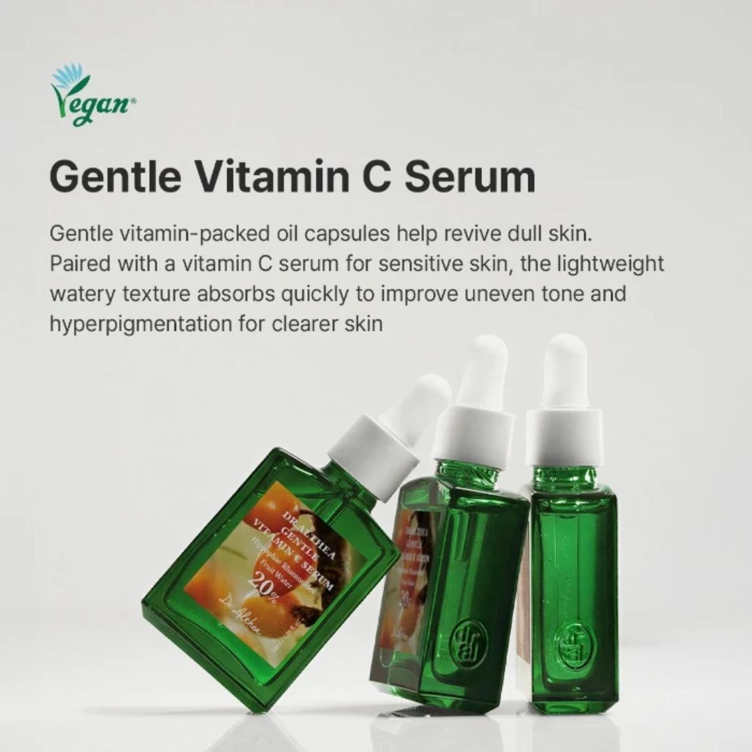 Green skincare products with text about gentle vitamin C serum on a white background
