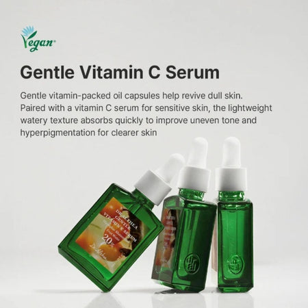 Green skincare products with text about gentle vitamin C serum on a white background