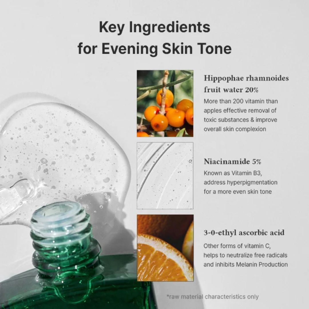 Key ingredients for evening skin tone with a bottle of skincare product and images of ingredients.