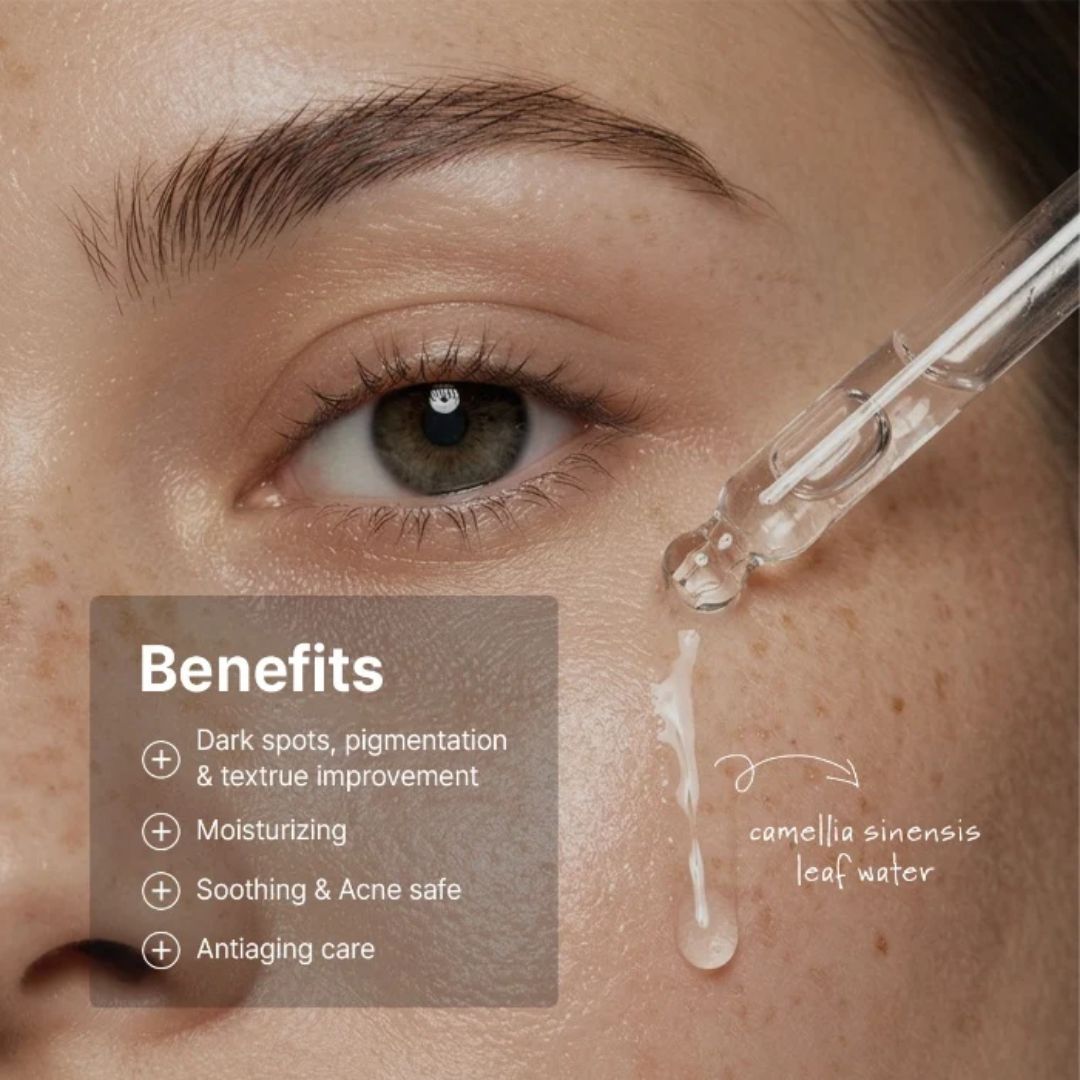 Close-up of a dropper applying a liquid to skin with text detailing benefits.