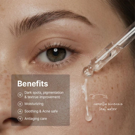 Close-up of a dropper applying a liquid to skin with text detailing benefits.