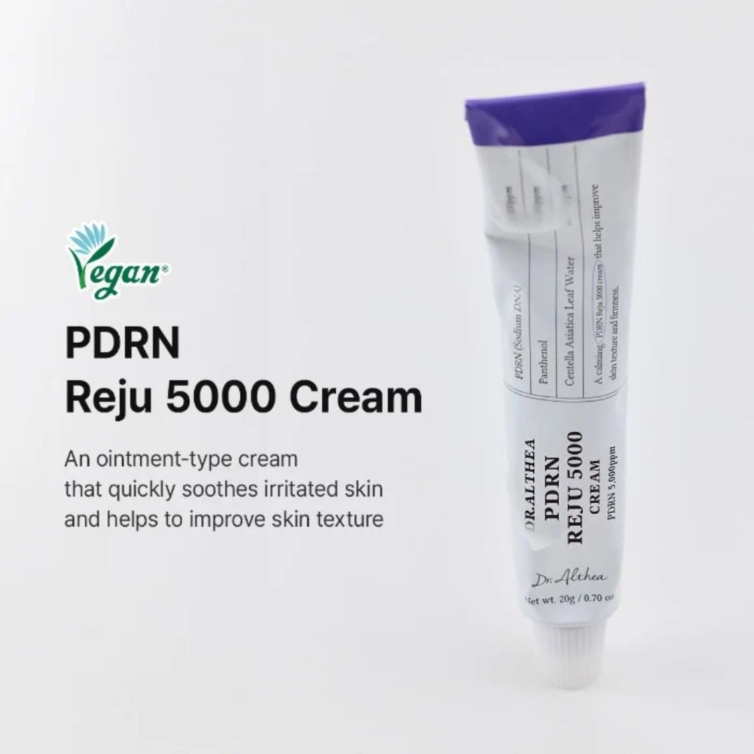 A squeeze tube of Dr. Althea PDRN Reju 5000 Cream 20ml with a purple cap, shown next to descriptive text on a clean white background.