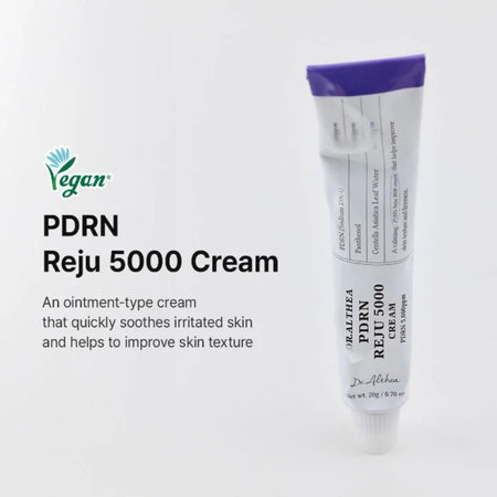 A squeeze tube of Dr. Althea PDRN Reju 5000 Cream 20ml with a purple cap, shown next to descriptive text on a clean white background.