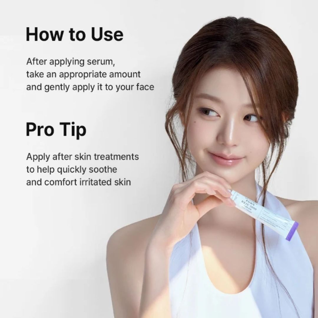 Woman holding a skincare serum with text on how to use it