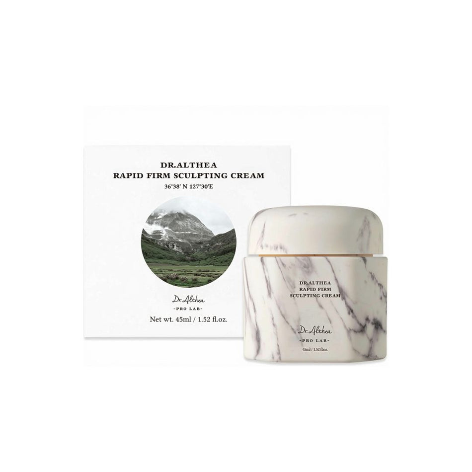  Dralthea Rapid Firm Sculpting Cream shown with its white packaging box and a marble-patterned jar on a clean white background.
