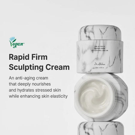 Marble-textured cream jar with 'Vegan' label and product description on a light gray background