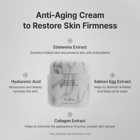 Anti-aging cream packaging with ingredients listed on a gray background