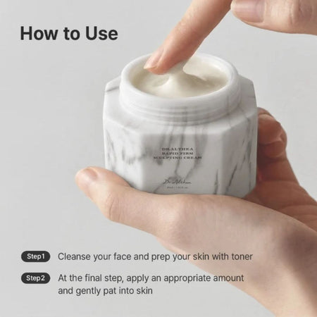 Marble-textured cream jar with hand applying cream, text on how to use.
