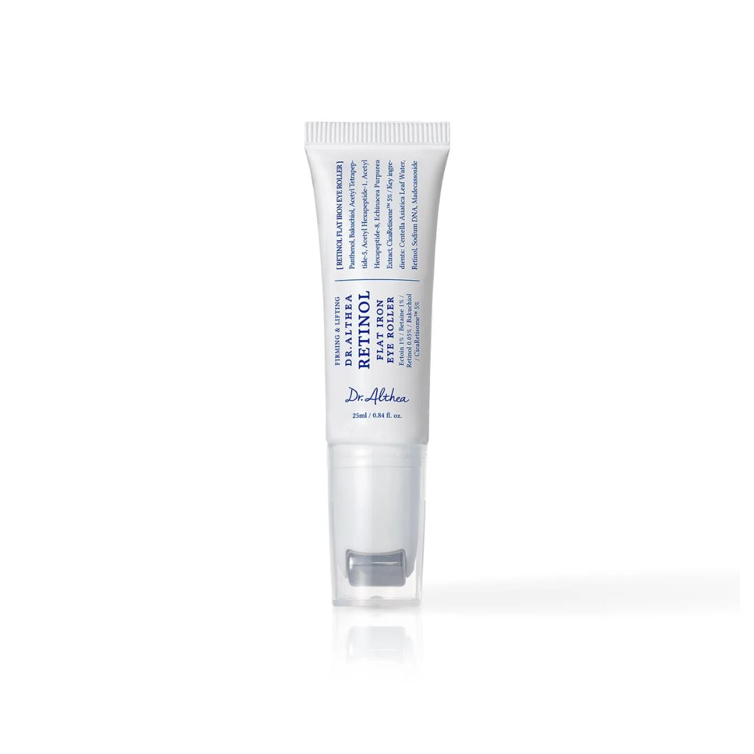 A single tube of Dr. Althea Retinol Eye Roller serum, shown upright on a clean white background with a soft reflection underneath.