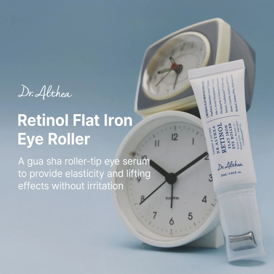 Dr. Althea Retinol Flat Iron Eye Roller eye cream tube shown next to a white and gray alarm clock on a light blue background with product text.