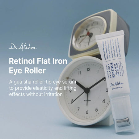 Dr. Althea Retinol Flat Iron Eye Roller eye cream tube shown next to a white and gray alarm clock on a light blue background with product text.