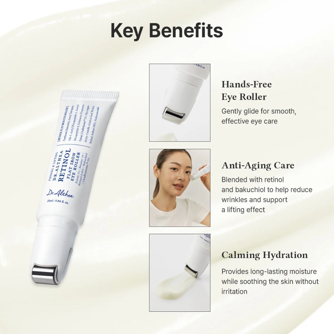 Dr. Althea's Eye Roller eye cream tube shown on a soft cream background with a 'Key Benefits' headline and three inset panels describing hands-free use, anti-aging care, and calming hydration