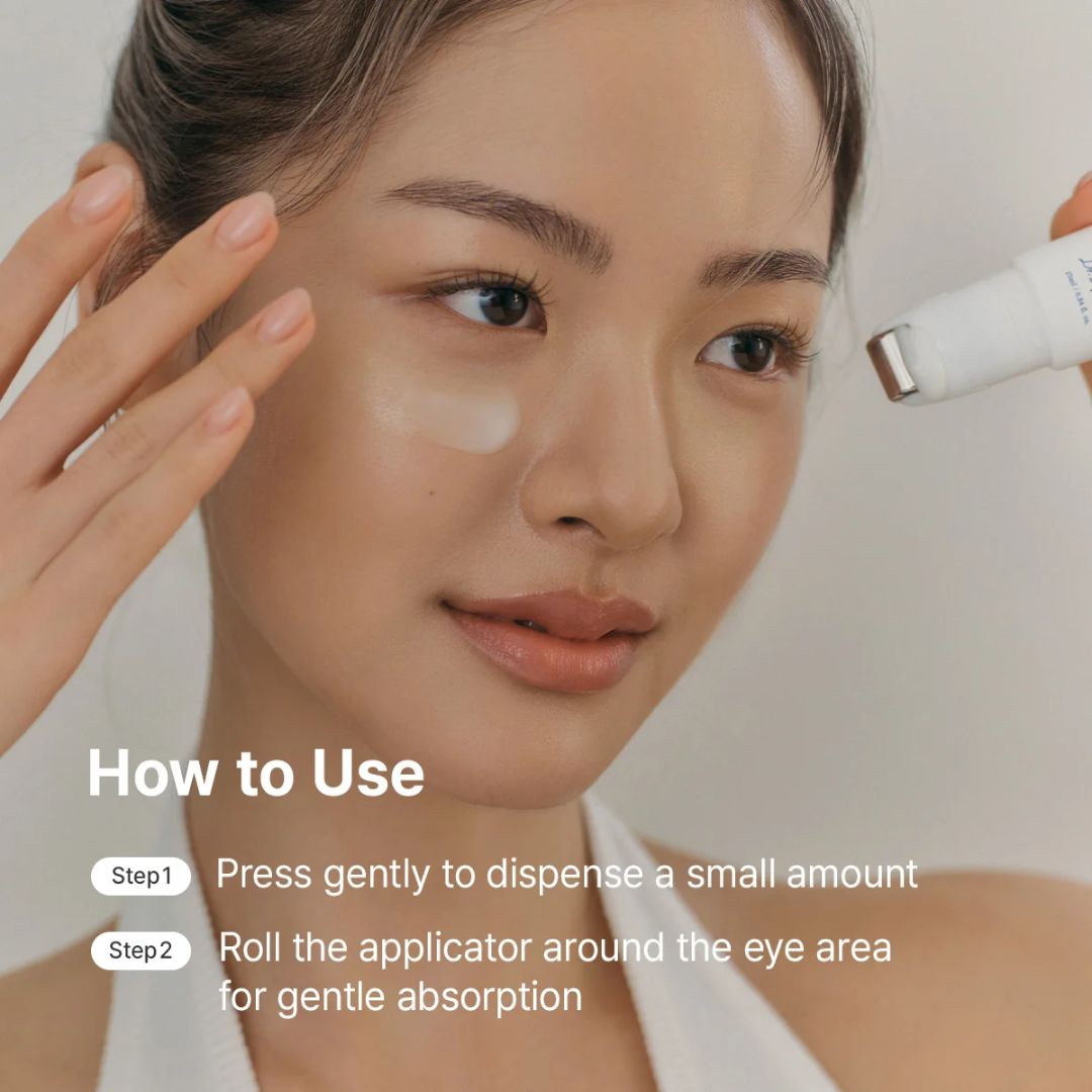 Woman applying skincare product with text on how to use it