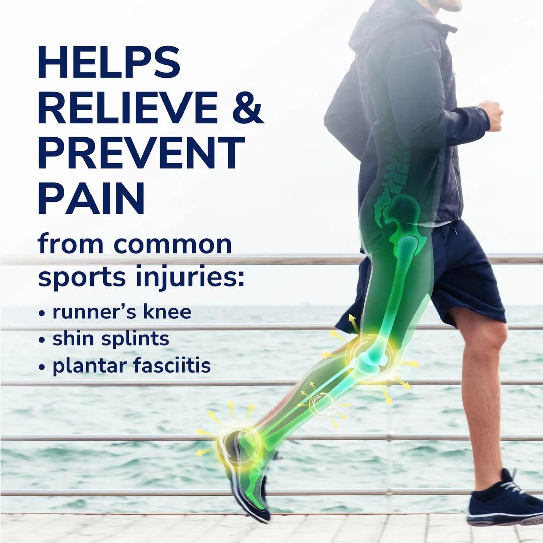 Dr. Scholl's RUN Shock Absorbing Insoles informative graphic on an image of a man running
