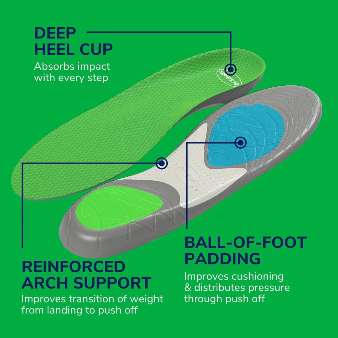 Dr. Scholl's RUN Shock Absorbing Insoles Large informative graphic on a green background