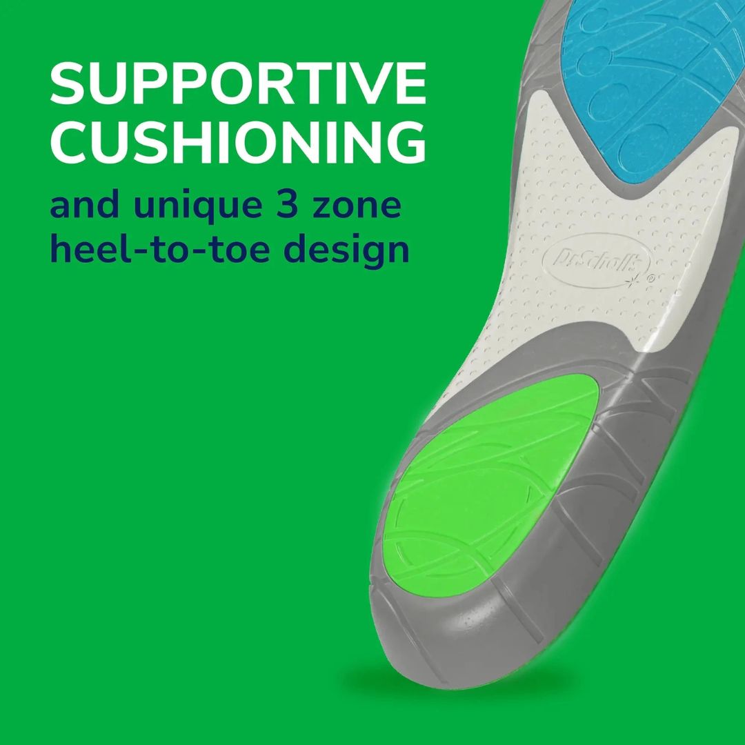 Dr. Scholl's RUN Shock Absorbing Insoles 'SUPPORTIVE CUSHIONING' graphic on a green background
