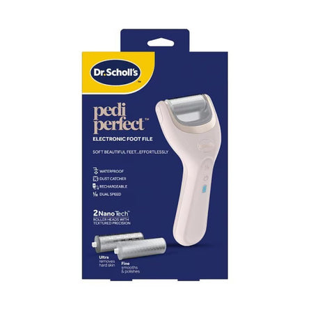 Dr. Scholl's pedi perfect electronic foot file packaging on a white background