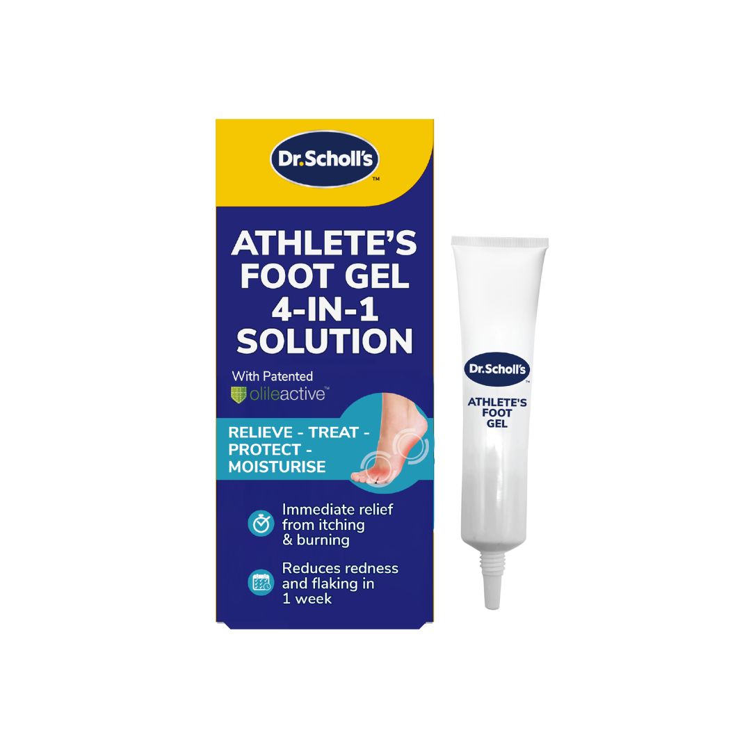 Dr. Scholl's Athlete's Foot Gel 4-in-1 Solution 10ml packaging and tube on a white background