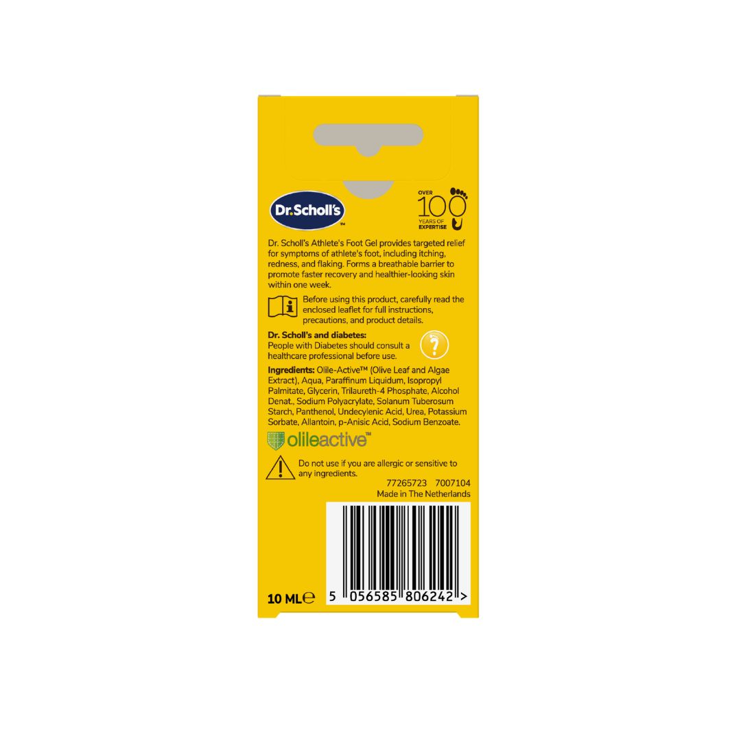 Dr. Scholl's Athlete's Foot Gel 4-in-1 Solution 10ml packaging (rear angle) on a white background