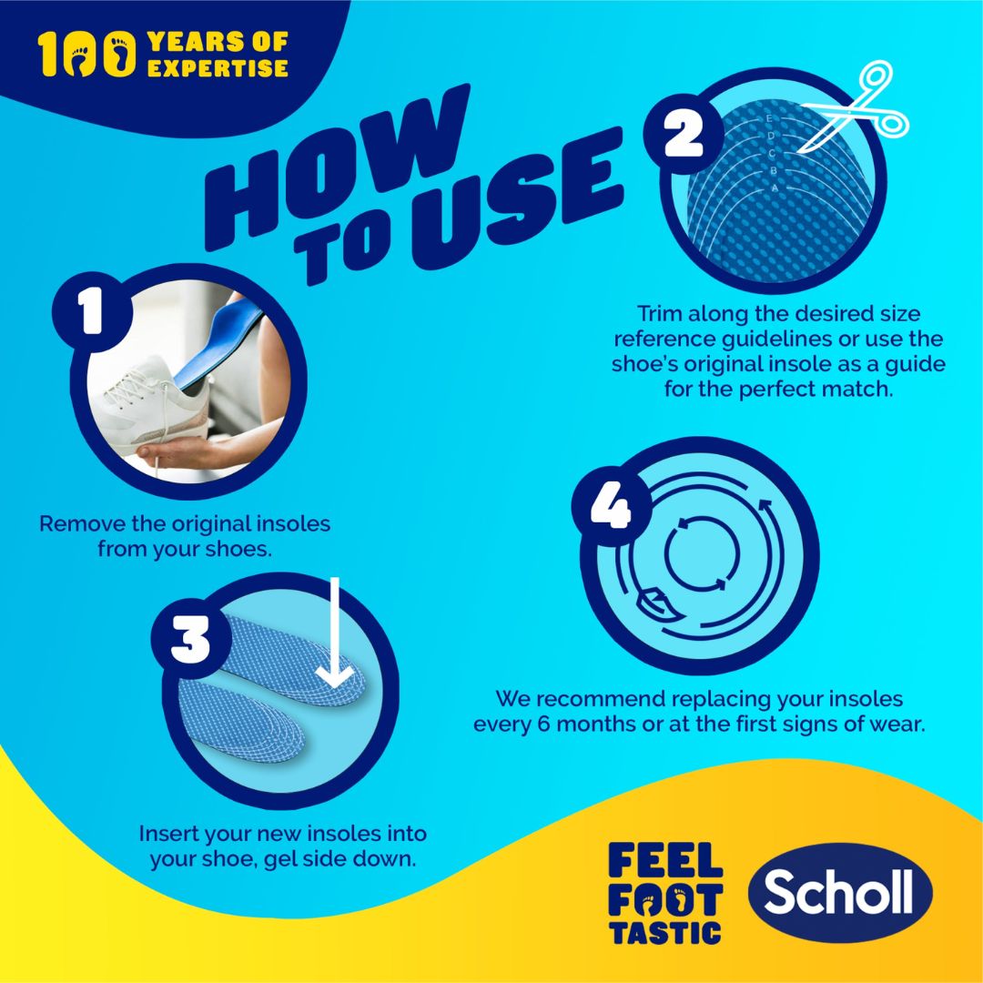 Scholl GelActiv Casual Comfy Feet Insoles Large (UK 7–12) How to Use graphic