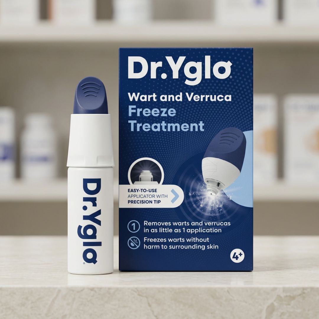 Dr. Yglo Wart & Verruca Freeze Treatment on a marble counter with a pharmacy background