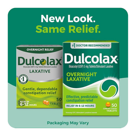 Dulcolax laxative packaging with text 'New Look. Same Relief.' on a green and white background