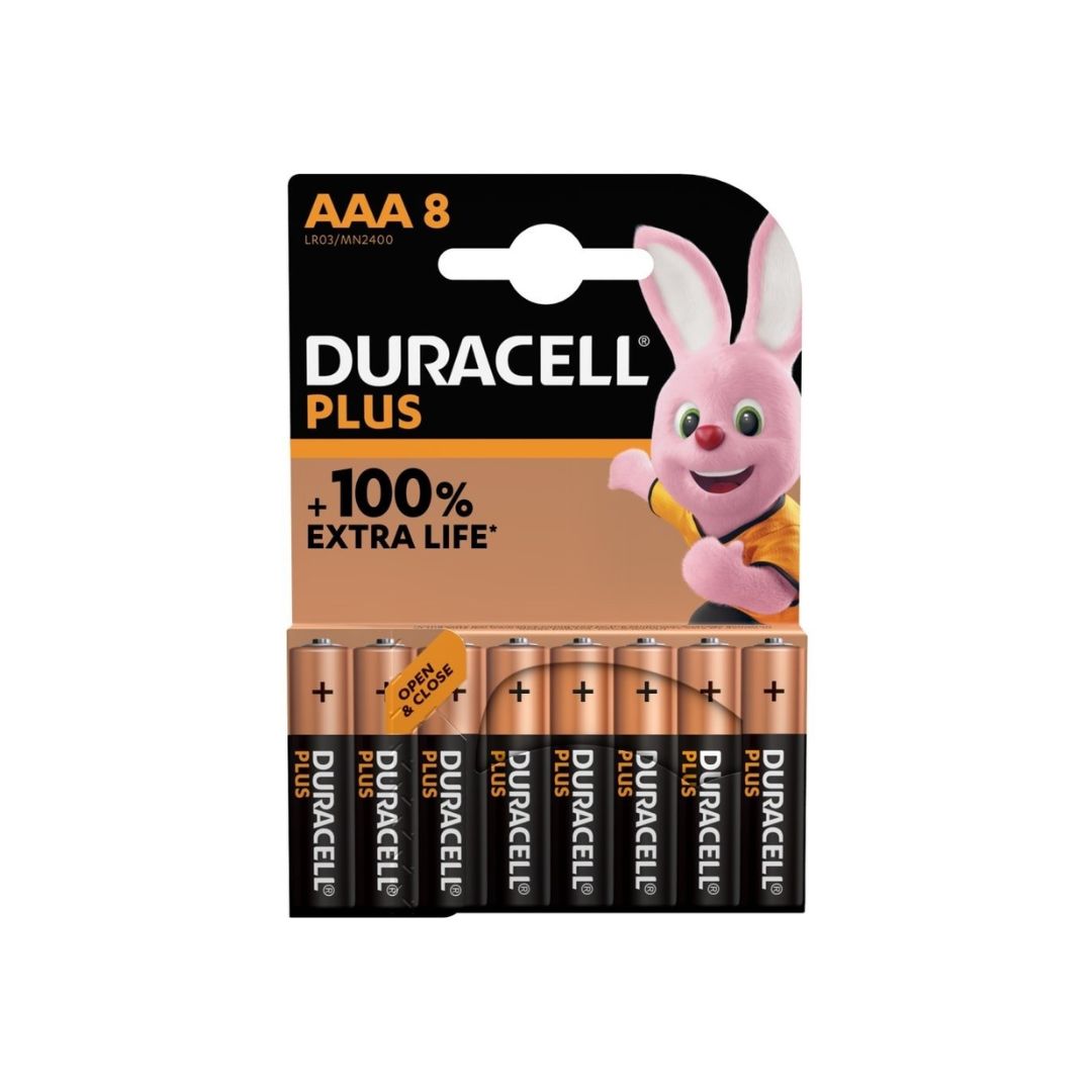Duracell Plus AAA Batteries 8 Pack on a white background