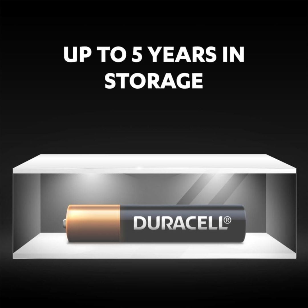 A Duracell battery displayed inside a clear storage box on a black background, with the text 'UP TO 5 YEARS IN STORAGE' above it.