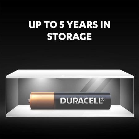 A Duracell battery displayed inside a clear storage box on a black background, with the text 'UP TO 5 YEARS IN STORAGE' above it.