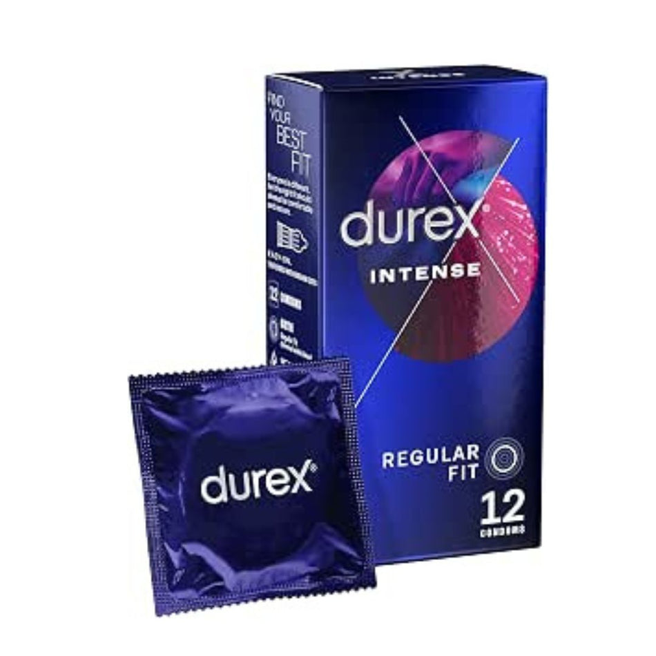 Durex Intense Regular Fit condoms, showing a blue box of 12 condoms and a single foil packet in the foreground on a white background.