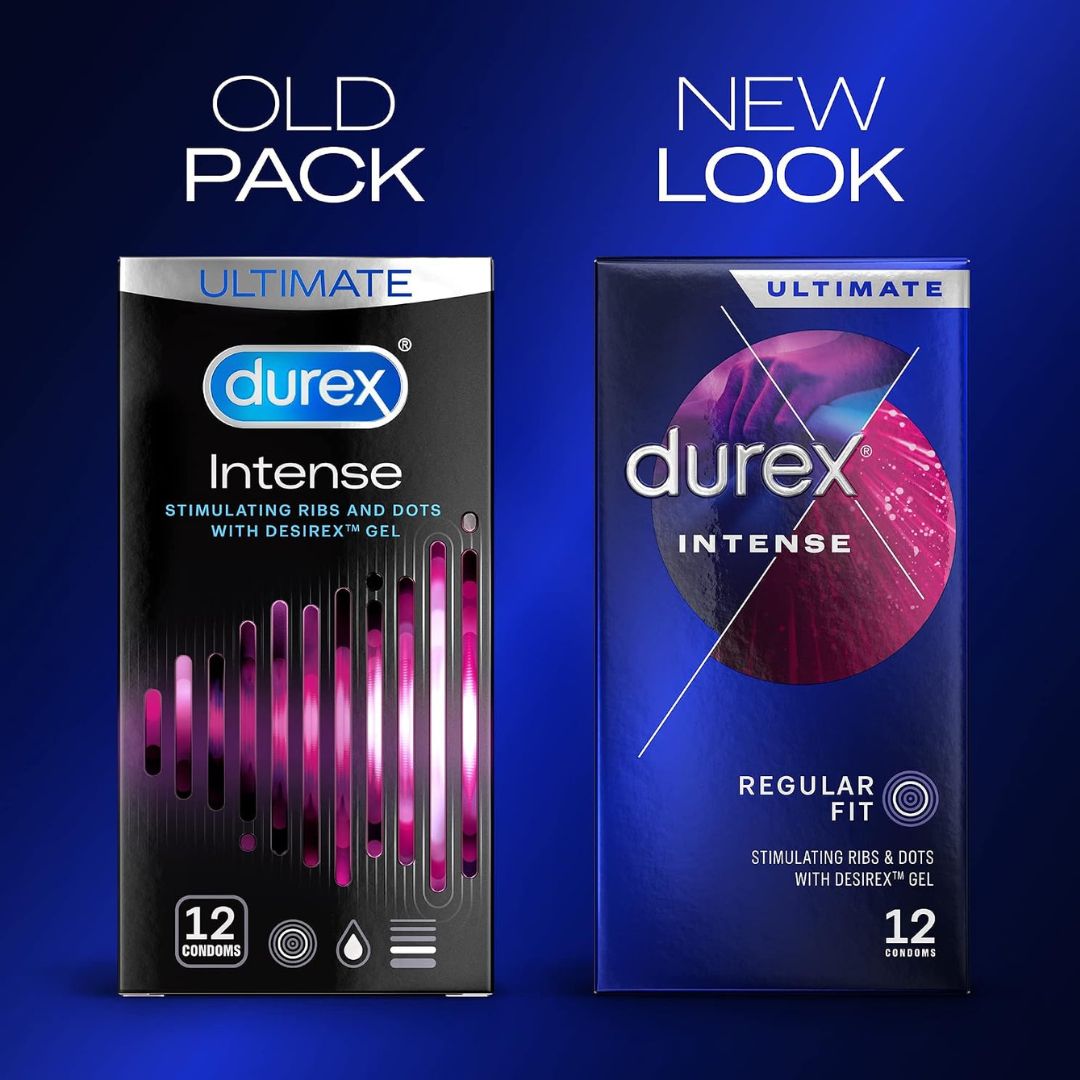 Two Durex Intense condoms boxes shown side by side on a blue gradient background, labeled 'OLD PACK' on the left and 'NEW LOOK' on the right. The old pack is black with pink and white graphics, and the new pack is dark blue with a pink circular graphic.