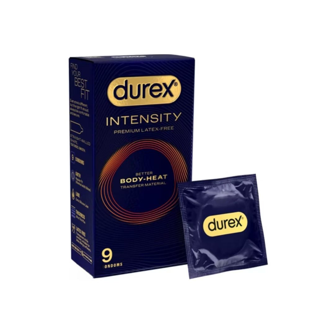 Durex Intensity Latex Free Condoms Box and Condom together on a white background