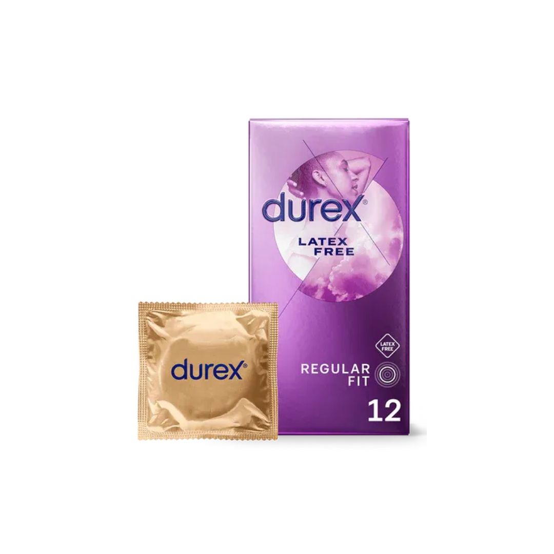 Durex Latex Free Condoms 12 Pack and condom on a white background