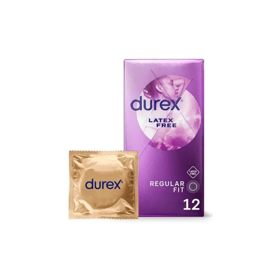 Durex Latex Free Condoms 12 Pack and condom on a white background
