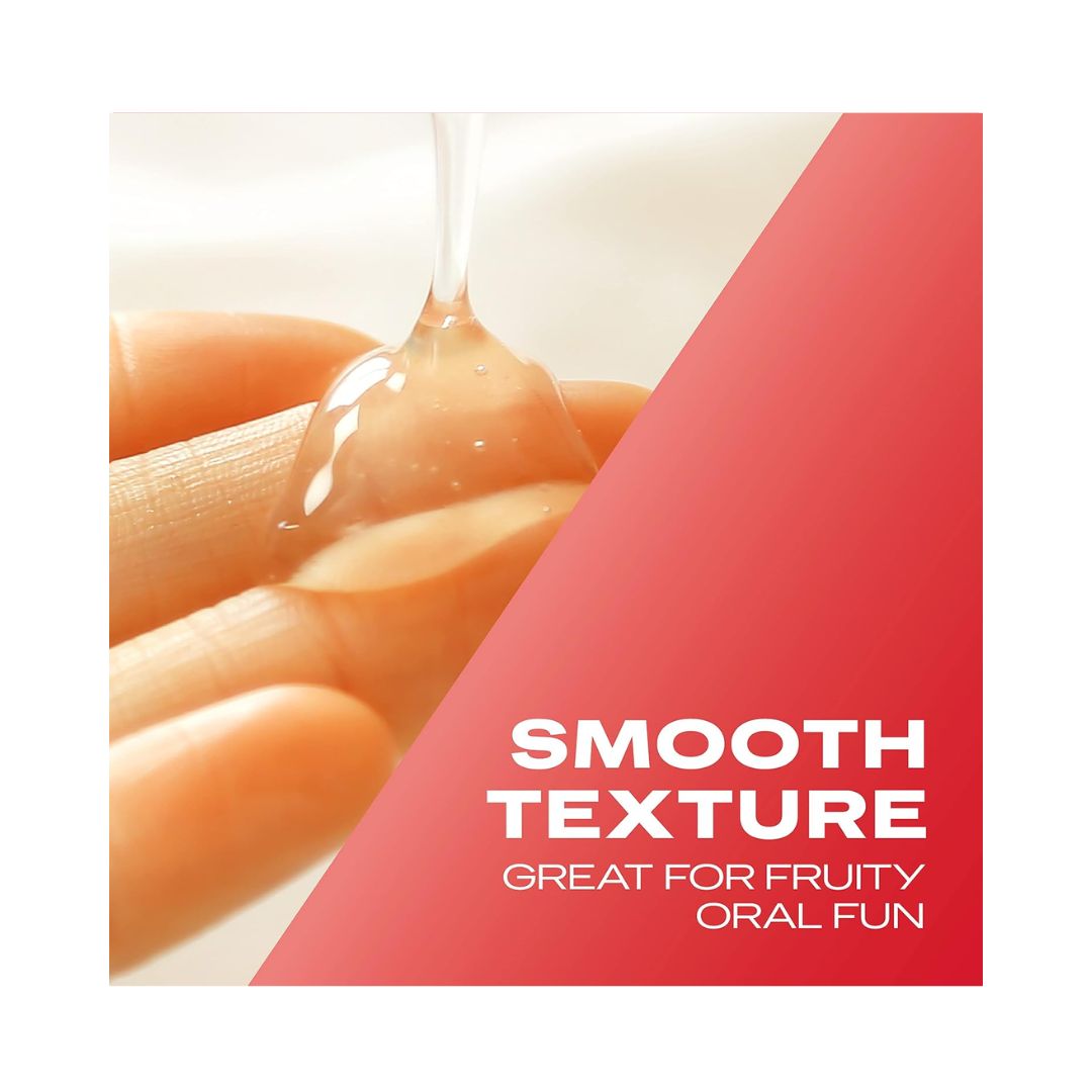 Durex Strawberry Water Based Lube graphic of someone pouring product onto their fingers with the words 'SMOOTH TEXTURE' to the right