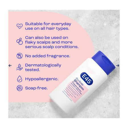 A bottle of Dr. Dhanvantri E45 Shampoo shown at an angle on a textured light gray background, with a pink informational panel on the left displaying product benefits in blue text.