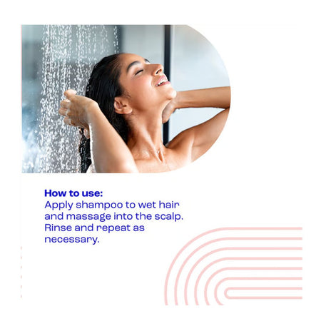 Instructional graphic showing a woman under running water with text that reads, 'How to use: Apply shampoo to wet hair and massage into the scalp. Rinse and repeat as necessary.