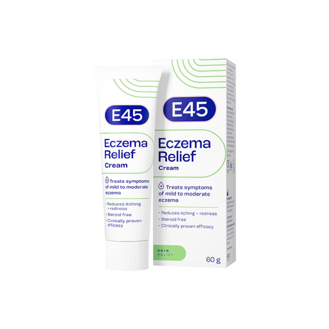 A tube and box of E45 Eczema Relief Cream shown on a plain white background. The packaging features a white base with blue and green text and graphic accents.