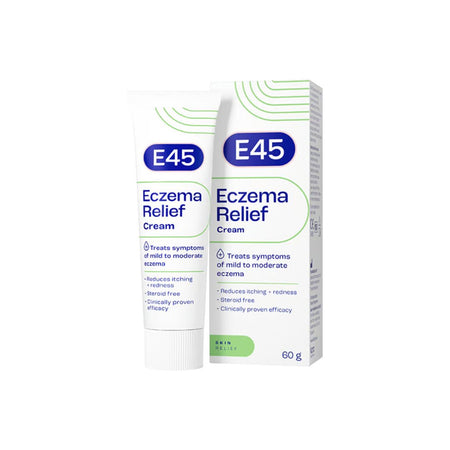 A tube and box of E45 Eczema Relief Cream shown on a plain white background. The packaging features a white base with blue and green text and graphic accents.