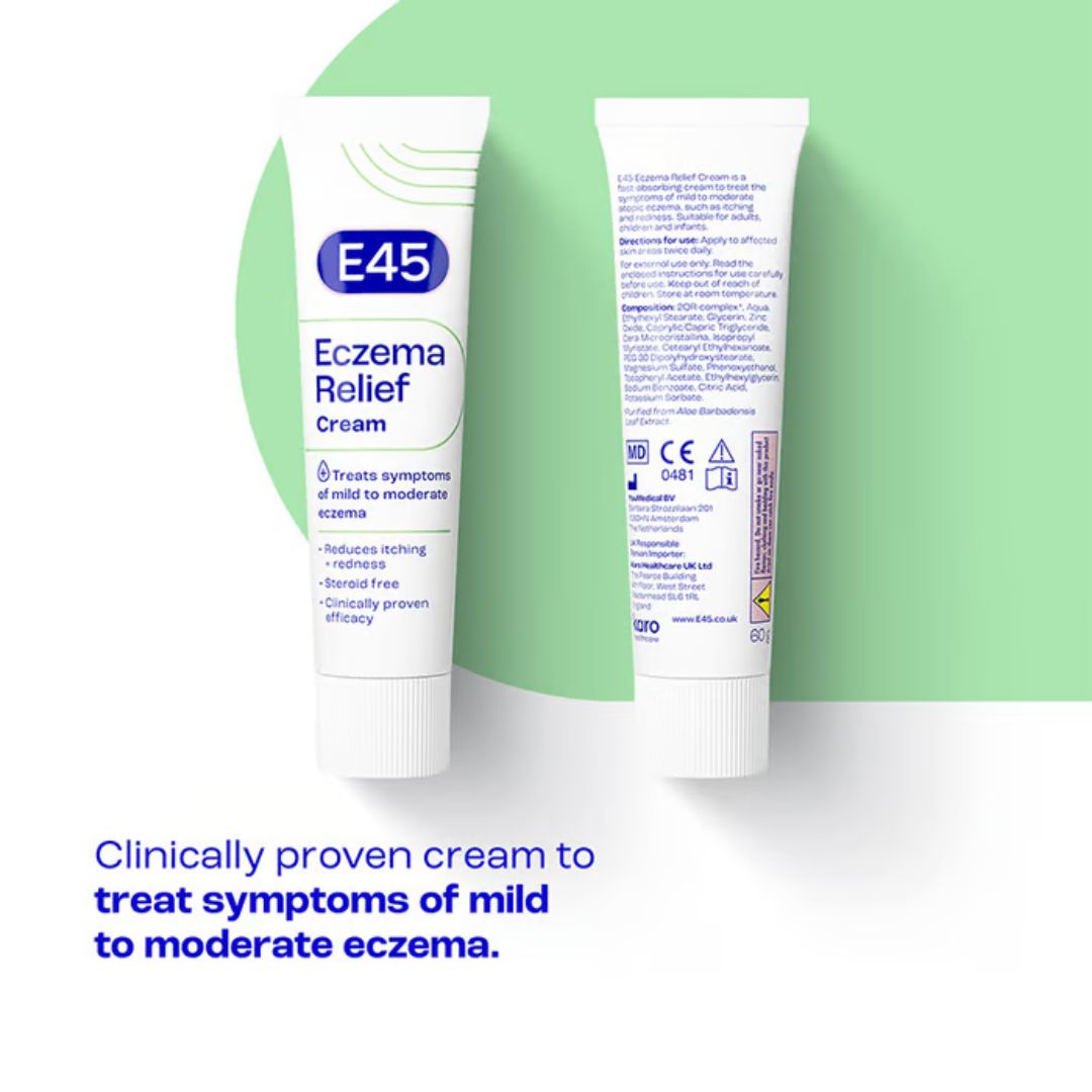 Two white tubes of E45 Eczema Relief Cream shown on a white background with a light green graphic shape. One tube is facing forward to show the front label, and the other is facing backward to show the back packaging details.