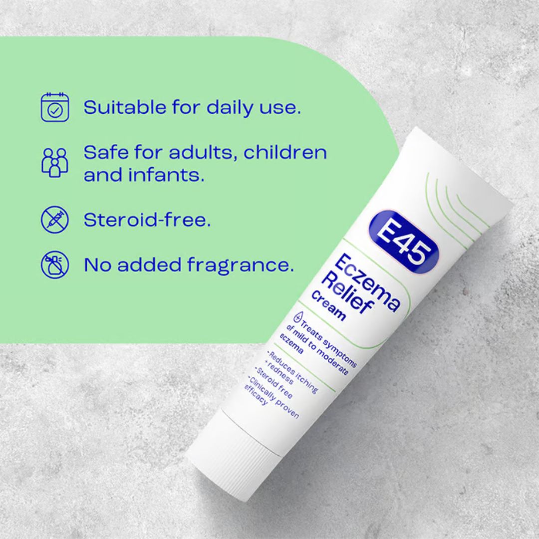 A tube of E45 Eczema Relief cream is shown on a light gray textured background next to a green informational graphic with text about daily use, safety, steroid-free status, and no added fragrance.